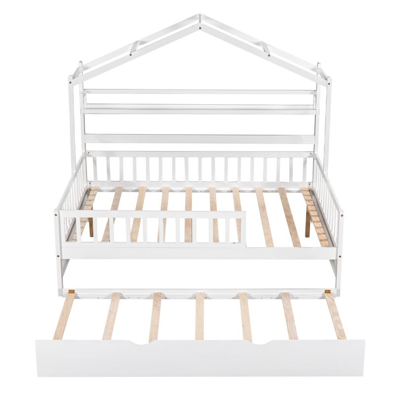 Wood House Bed with Twin Trundle Bed, Guardrails and Shelves-ModernLuxe, 4 of 11