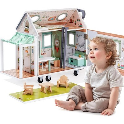 ROBOTIME Dollhouses, Pretend Play Set Dollhouse with Wheels, Moveable Toy for Kids, Multicolored, 26.38"*14.57"*7.48