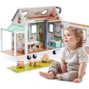 ROBOTIME Dollhouses, Pretend Play Set Dollhouse with Wheels, Moveable Toy for Kids, Multicolored, 26.38"*14.57"*7.48 - 1 of 4