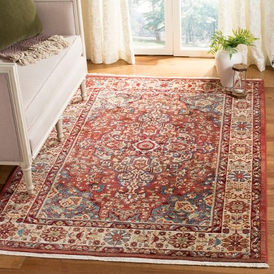 Red and Ivory Floral Synthetic Rectangular Area Rug