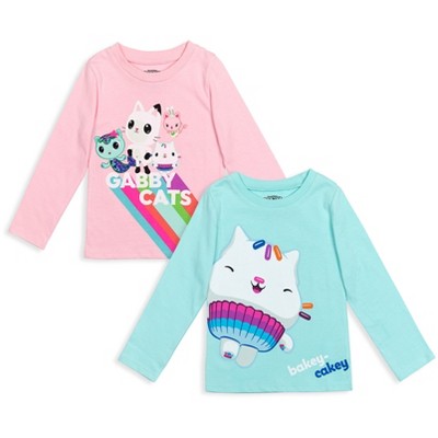 Dreamworks Gabby's Dollhouse MerCat Cakey Cat Kitty Fairy Pandy Paws Girls 2 Pack Graphic Long Sleeve T-Shirts Pink/Blue