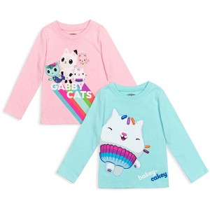 Dreamworks Gabby's Dollhouse MerCat Cakey Cat Kitty Fairy Pandy Paws Girls 2 Pack Graphic Long Sleeve T-Shirts Pink/Blue - 1 of 4