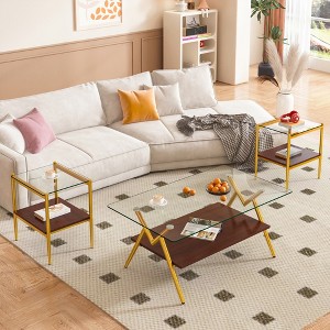 38.6" Coffee Table and 2 End Tables Set with Transparent Tempered Glass Tops, MDF Layers, Modern Living Room Tables with Durable Iron Legs - 1 of 4