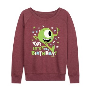 Women's - Disney - Mike Yay It's My Birthday Lightweight French Terry Wide Neck Long Sleeve Shirt - 1 of 4