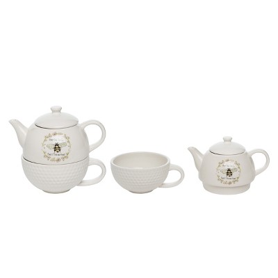 VIP Dolomite 6.5 in. White Honey Bee Tea Co. Tea for One Pot Mug Set of 2