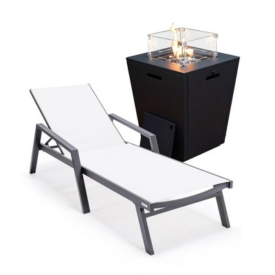 LeisureMod Marlin Modern Patio Chaise Lounge Chair in Black Aluminum Frame With Arms and Square Fire Pit Side Table
