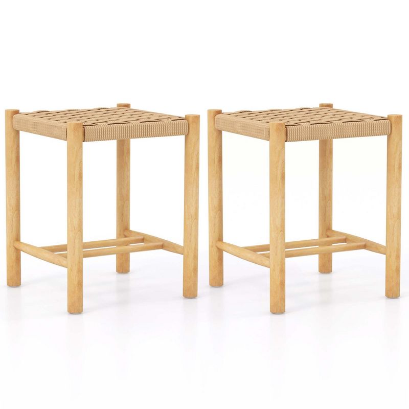 Costway Dining Stool Set of 2/4 18'' Backless with Rubber Wood Frame Woven Paper Seat Kitchen, 1 of 9