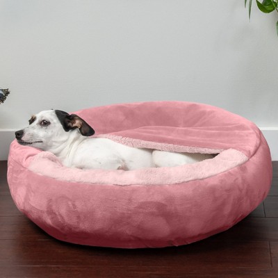 Small Rose Pink Velvet and Faux Fur Hooded Donut Pet Bed