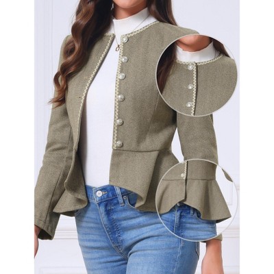 INSPIRE CHIC Women Vintage Crew Neck Herringbone Long Sleeve Button Down Ruffled Hem Business Casual Jackets Large Brown Khaki — фото 2