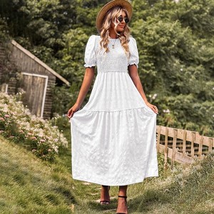 Women's Summer Smocked Dress Puff Short Sleeve Tiered Swing A Line Beach  Midi Sundress : Target