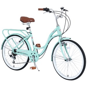 24Inch Women Beach Cruiser Bike, 7 Speed Hybrid Bike Commuter Bicycle With Front And Rear Double V Brakes, Steel Frame City Commuter Bikes For Cycling - 1 of 4