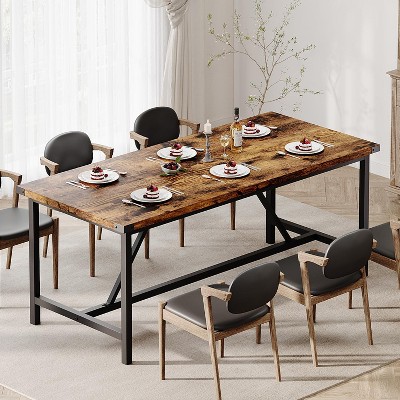 71″ Industrial Rectangular Dining Table for 6–8, MDF Top with Heavy-Duty H-Frame Metal Legs, Waterproof Coating & Under-Table Chair Storage