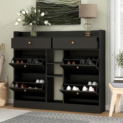 Angel Sar Modern Slim Shoe Cabinet with 4 Flip Drawers, Black Shoe Storage Organizer for Bedroom, Living Room