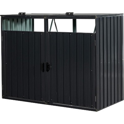63" Metal Trash Can Storage Shed, Galvanized Steel Outdoor Garbage Bin Enclosure for 2 Cans with Lockable Doors, Ventilation, Charcoal Finish