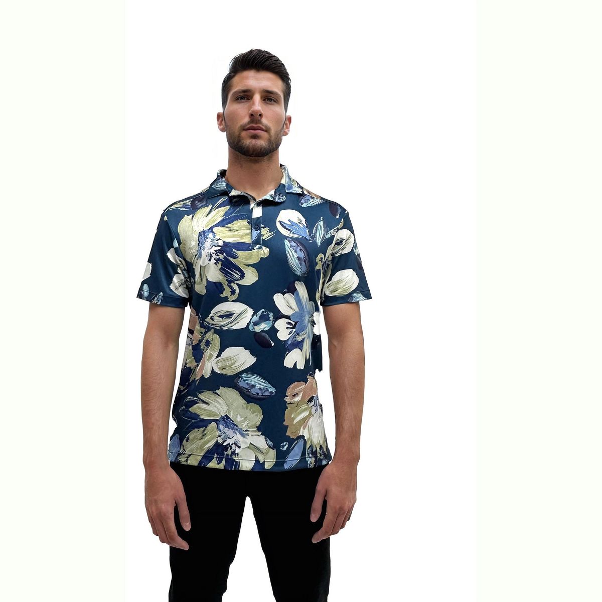 24seven men Wrinkle Resistant 3 Button Machine Washable Blue Floral Polo Shirt