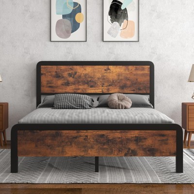Garvee Twin/Full/Queen Wood Bed, Rustic Headboard, Underbed Storage, Heavy Duty Frame, Noise-Free, Easy Assembly, Rustic Brown