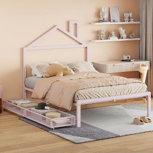 Full-Size Platform Bed - Metal Frame, Dual Drawers, Architectural House Headboard - 1 of 4