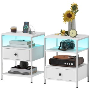 Set of 2 Side Tables with Charging Stations and LED Lights, End Tables with Drawer and Shelves for Living Room - 1 of 4