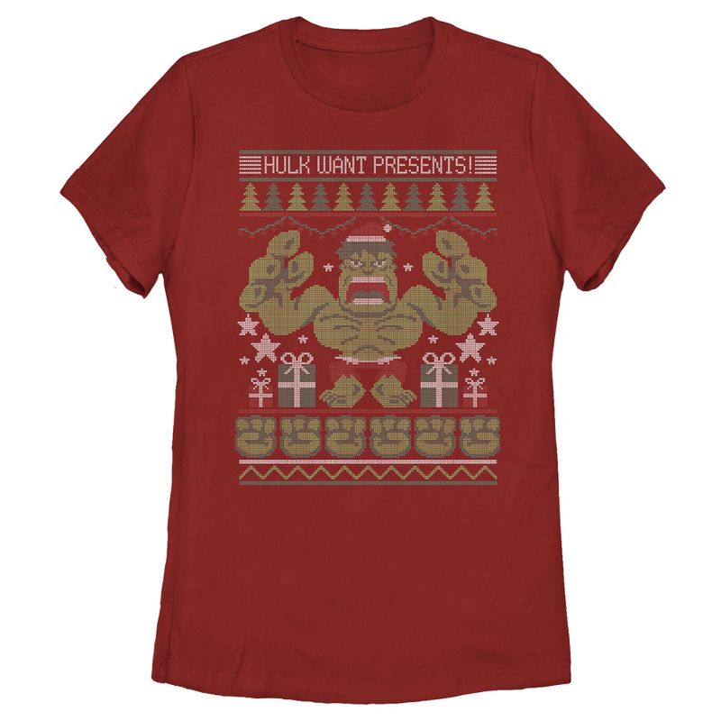 Women's Marvel Ugly Christmas Hulk Want Presents T-Shirt, 1 of 4