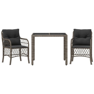 vidaXL Bistro Set Grey PE Rattan, Powder-Coated Steel, Tempered Glass