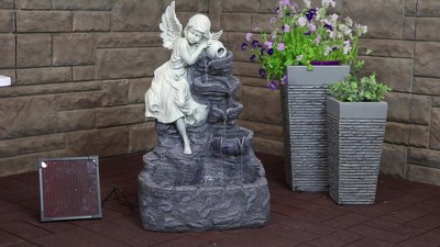 Angel Falls Gray Polyresin Solar Water Fountain with LED Light