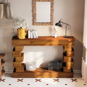 MOEPISY Geometric Block Stacked Wood Console Table with Warm Natural Finish - 1 of 4