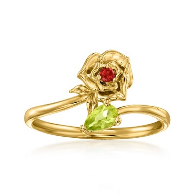 Ross-Simons 0.20 Carat Peridot Flower Bypass Ring With Single Garnet in 18kt Gold Over Sterling