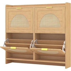 Rattan Shoe Cabinet with 2 or 4 Flip Drawers, Free Standing Wooden Shoe Storage Organizer Cabinet with Adjustable Shelves for Entryway,Hallway,Foyer - 1 of 4