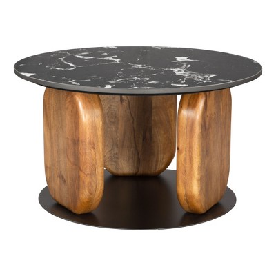 HomeRoots 30" Black and Brown Genuine Marble Marble and Solid Wood Round Coffee Table