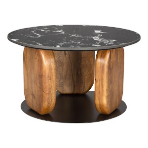 HomeRoots 30" Black and Brown Genuine Marble Marble and Solid Wood Round Coffee Table - 1 of 4