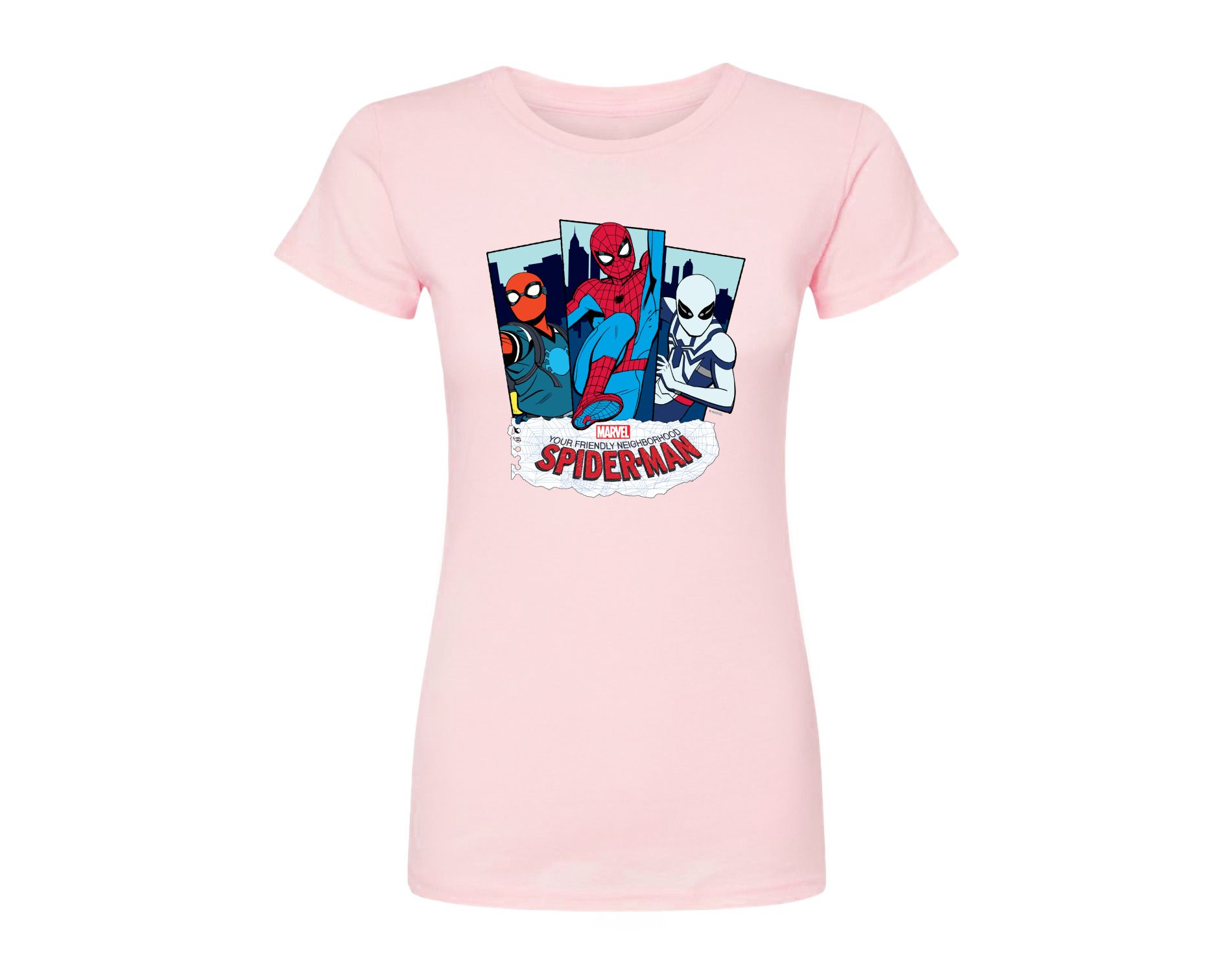 Women's Marvel Friendly Neighborhood Spider-Man Suits Fitted Graphic T-Shirt - Pink - Large