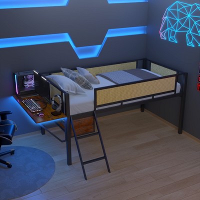 ALEXOUN Black Metal Bed Frame Gaming Loft Bed with Desk and Woven Rattan Guard Rails,Hanging Storage Compartment,for Apartments