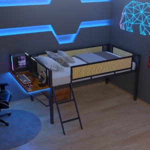 ALEXOUN Black Metal Bed Frame Gaming Loft Bed with Desk and Woven Rattan Guard Rails,Hanging Storage Compartment,for Apartments - 1 of 4