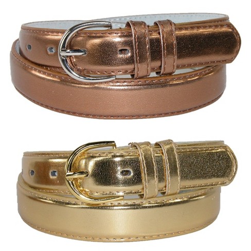 CTM Women's Leather Metallic Dress Belt (Pack of 2 Colors), Small, Bronze  and Gold