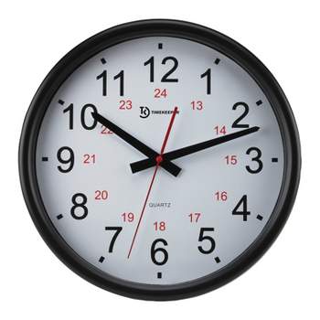 Timekeeper 14-In. Quartz Black and White Indoor/Outdoor Wall Clock with Standard and Military Time, Black and Red Hands, and Black Rim.
