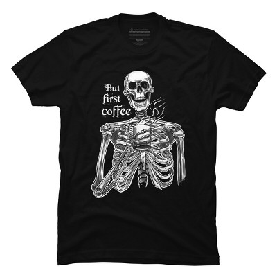 Men's Design By Humans Halloween skeleton drinking coffee. But first coffee By melazergDesign T-Shirt