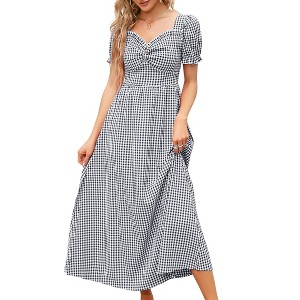 Womens High Waist Maxi Dress Sweetheart Smocked Neckline Short Puff Sleeve Plaid Casual Elegant Cute Dresses Button Down - 1 of 4