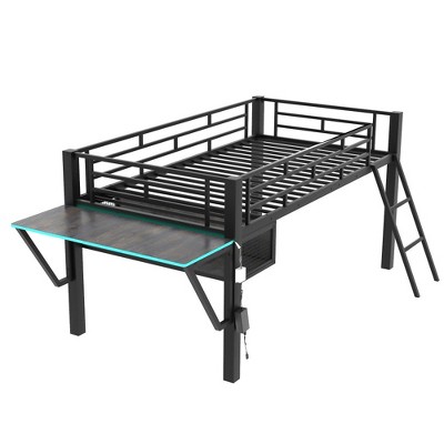 ZHUTA Gaming Loft Bed with Desk,Staircase, Metal Loft Bed Frame with Vented Mesh Undercarriage Storage