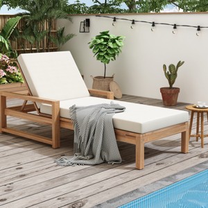 1 Piece Outdoor Chaise Lounge Chair Acacia Wood Frame with UV Resistant Cushions , Adjustable Backrest for Pool Patio or Deck -Coolbibila - 1 of 4