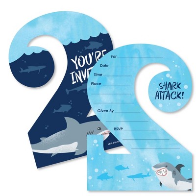 Big Dot of Happiness 2nd Birthday Shark Zone - Shaped Fill-in Invites - Jawsome Second Birthday Party Invitation Cards with Envelopes - Set of 12