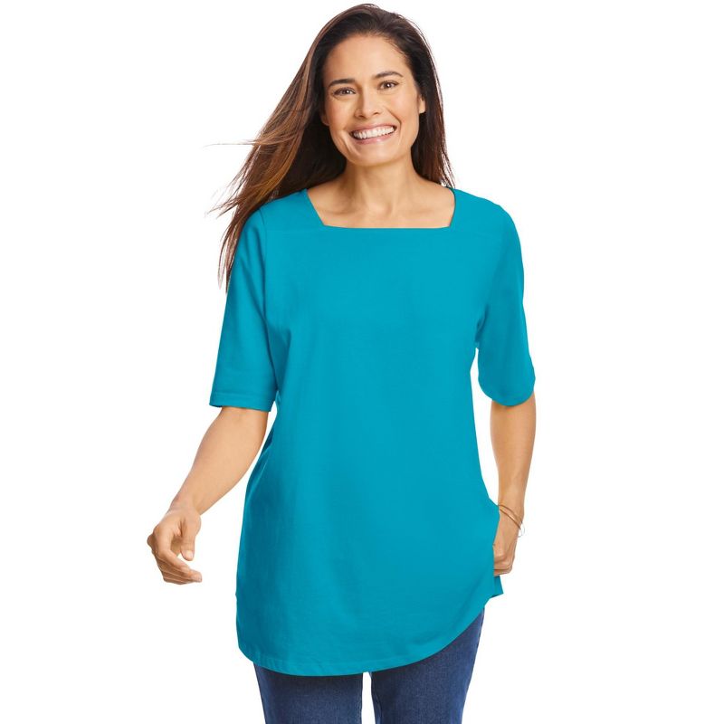 Woman Within Women's Plus Size Perfect Elbow-Sleeve Square-Neck Tee, 1 of 2