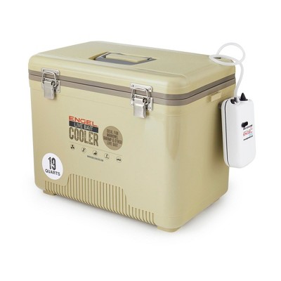 Engel 19 Quart Portable Insulated Live Bait Fishing Dry Box 32 Can Hard Airtight Cooler with Water Speed Aerator Pump and Removable Pull Net, Tan