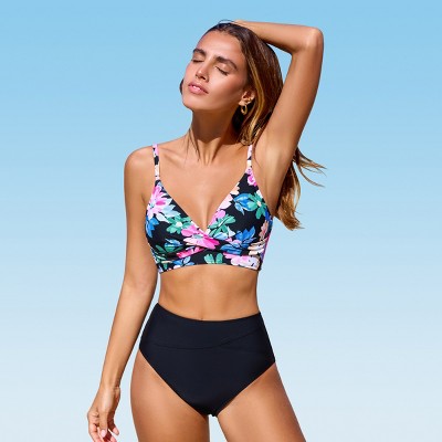 Women's Vibrant Floral Print Bikini Top & Solid Black Bikini Bottoms - Cupshe