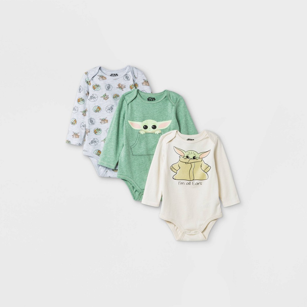 Baby Boys' 3pk Star Wars Baby Yoda Long Sleeve Bodysuit - 3-6M, Green/Grey