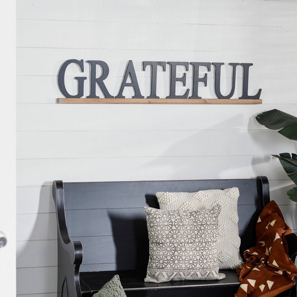 Photos - Wallpaper Wood Sign Grateful Wall Decor Black - Olivia & May: 9.5" Vertical Carved Message, Indoor Use
