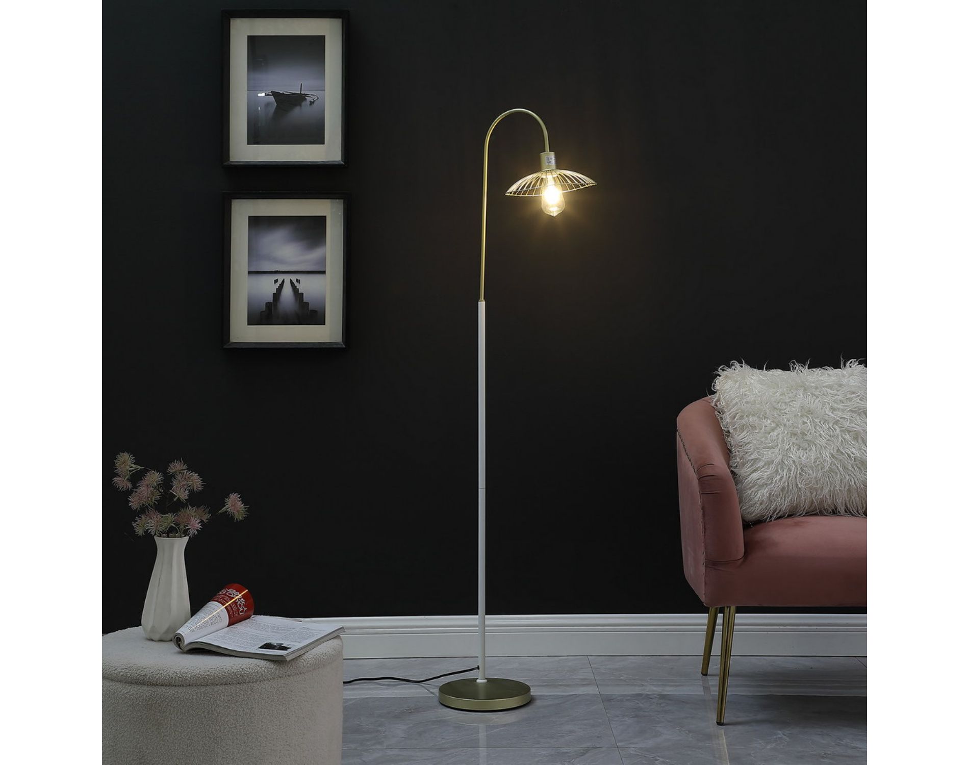 GDFStudio Aurevian 64.25" Industrial Cage Arc Metal Floor Lamp, Gold/White