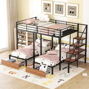 Okak Full over Twin-Twin Triple Loft Bunk Bed with 2 Drawers Metal Frame Bed with Staircase for Teens Kids Noise Reduced, Black - 1 of 4
