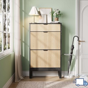 Jojoka Slim Entryway Shoe Cabinet with 2 Flip Drawers & Top Drawer, Farmhouse Wooden Shoe Rack with Metal Legs for Hallway or Foyer - 1 of 4