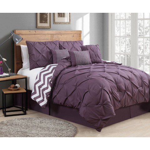 Geneva Home Fashion Queen 7pc Venice Pinch Pleat Comforter Set Plum - Geneva Home Fashion: Microfiber, Machine Washable, Bed Skirt Included