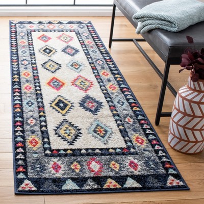 Ivory and Grey Boho Tribal Runner Rug with Multicolor Accents